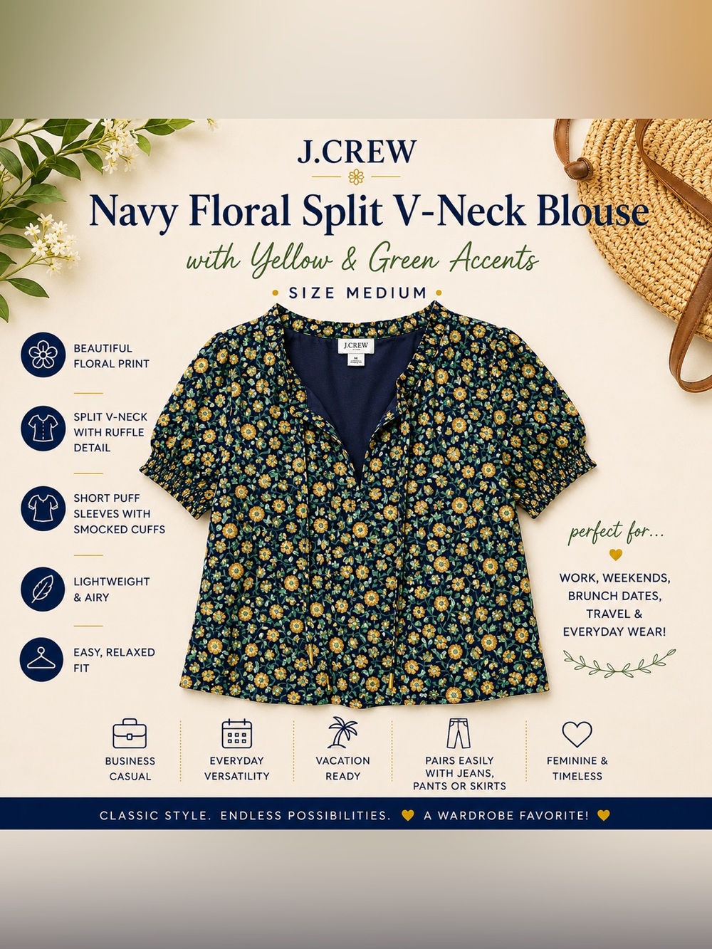 J.Crew Women’s Navy Floral Puff Sleeve Split Neck Blouse Size M